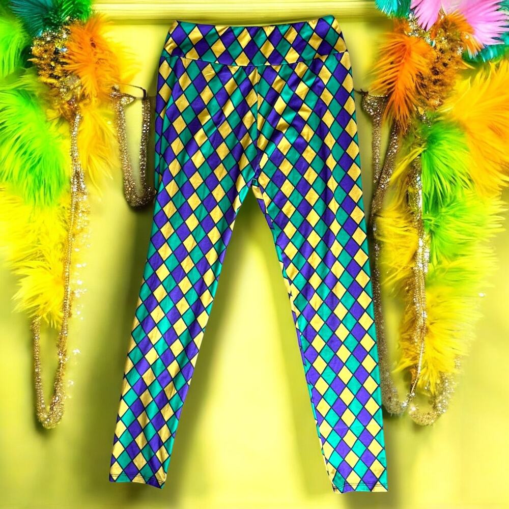 Mardi Gras Diamond Pattern Leggings EUC